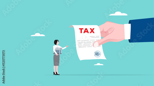 income tax burden or wealth tax, businesswoman holding saving bank looking at tax bills, financial charge and duty to pay for government, wealth management concept vector illustration
