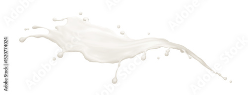 Dynamic milk splash in motion - creamy white wave flowing with droplets scattered around. Liquid dairy splashing with smooth curved shape and small drops for beverage advertising or food concepts.