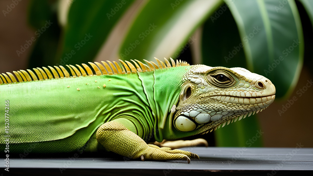 Fototapeta premium A side-profile close-up shows a vibrant green iguana with a textured body and distinctive spikes along its back, set against a blurred green leafy background.