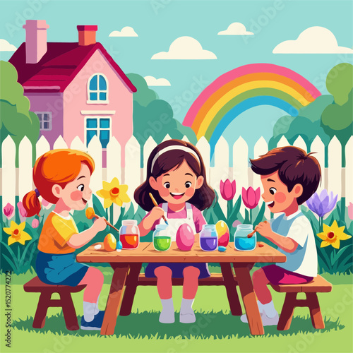 Happy children decorating Easter eggs outdoors