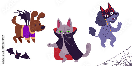 Funny pet Halloween costume collection - dog dressed as bat with wings, cat wearing vampire cloak, poodle with carnival face mask. Cute animal ready for trick or treating party for festive celebration