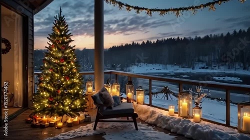 Christmas porch with a view of Golden sunset reflections over a calm winter lake, framed by snow-covered mountains and trees, with a tranquil view of the city skyline