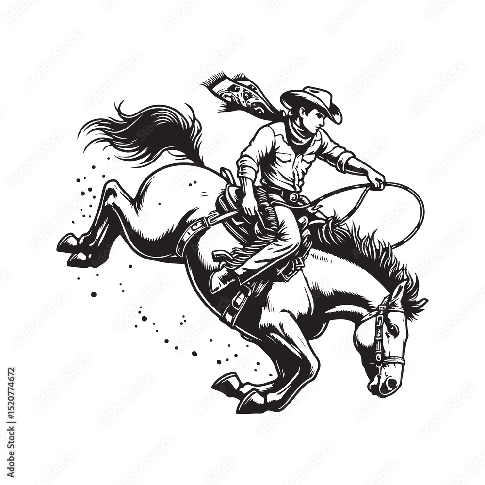 Obraz premium Western Cowboy on Horse with Bandana – Line Art Vector Illustration