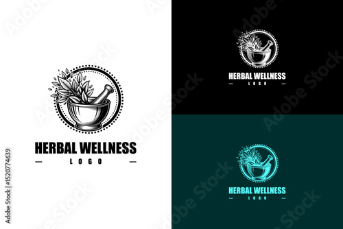 vector illustration of mortar and pestle with herbal leaves, logo for herbal medicine, natural, organic, alternate medicine, health and wellness, fitness, herbal wellness, and more