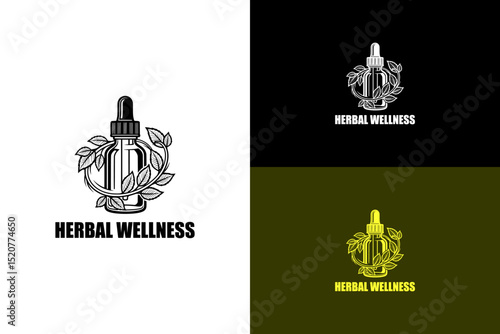glass dropper bottle with herbal leaves around illustration, vector logo for herbal wellness, holistic, apothecary, herbal medicine, organic, natural, green, alternate medicine, and more