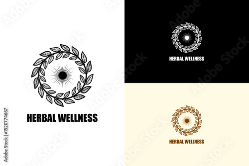 herbal leaves wreath with centered sunburst illustration, vector logo for natural, organic, alternate medicine, herbal medicine, apothecary, holistic, green, herbal wellness, and more