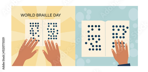 World Braille Day Vector Banner Set - Diverse Hands Reading Braille Illustrations for Accessibility Awareness-04