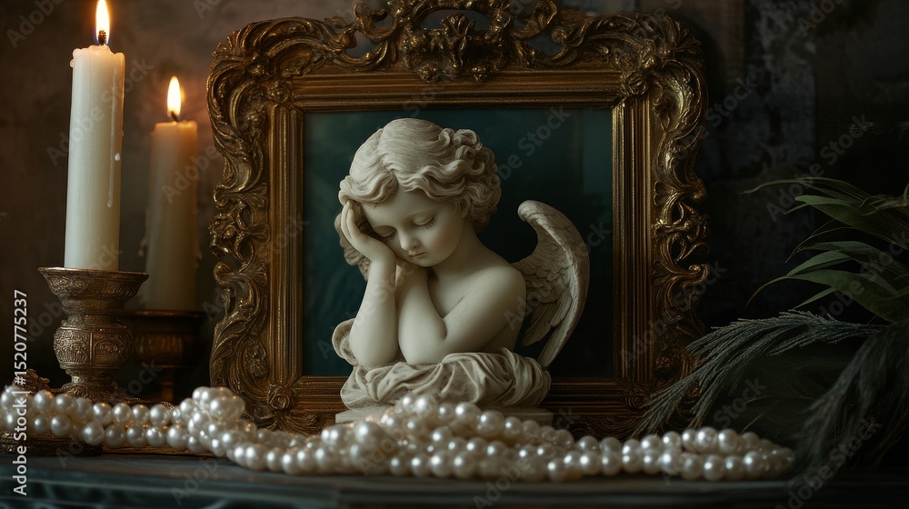 Fototapeta premium Angel statue framed with candles and pearls on a mantelpiece in soft light.