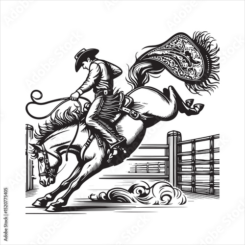 Western Cowboy on Horse with Bandana – Line Art Vector Illustration

