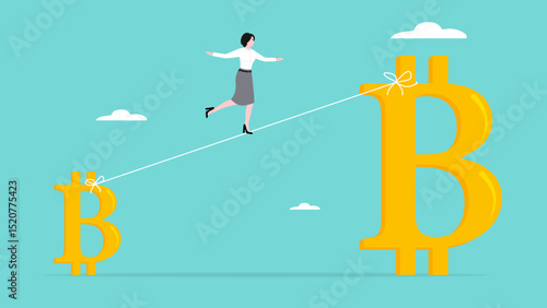 cryptocurrency investment growth high risk high reward, cryptocurrency investment return or profit increase, businessman investors walk a tightrope from small bitcoin to bigger bitcoin