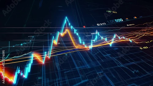Financial chart with blue and orange lines showing market trends and data visualization display