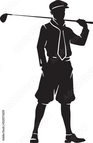 Elegant male golfer silhouette in vintage outfit, carrying a golf bag and holding a club over his shoulder. Classic and stylish design ideal for logos, SVG files, and retro golf branding.