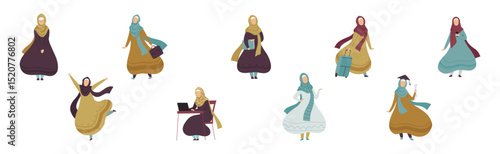 Arabic Muslim Woman Character in Hijab Engaged in Different Activities Vector Set