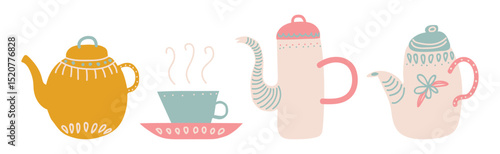 Ceramic Teapot and Cup for Tea Brewing and Drinking Vector Set