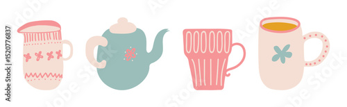 Ceramic Teapot and Cup for Tea Brewing and Drinking Vector Set