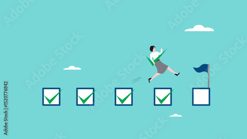 Goals accomplished with Businesswoman carrying big tick mark to get work done concept, completing work or achieving business goal, Check and track, task management to achieve career success