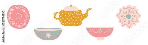 Ceramic Teapot and Cup for Tea Brewing and Drinking Vector Set