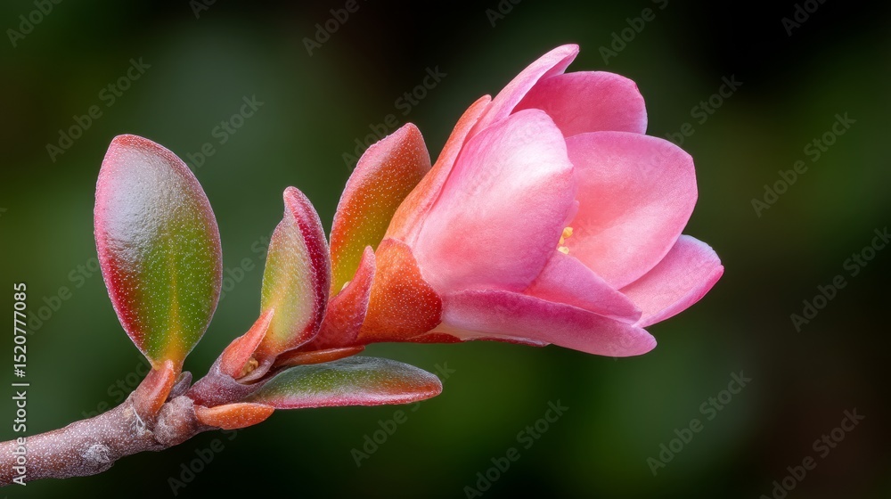 Fototapeta premium Delicate Pink Flower Blooming with Water Droplets on a Blurred Background