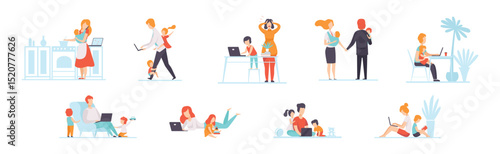 Parents Working with Their Children While Their Playing Next to Them Vector Set
