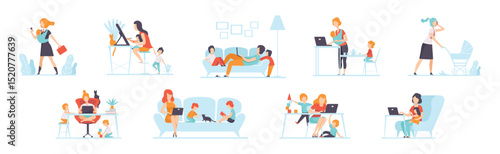 Parents Working with Their Children While Their Playing Next to Them Vector Set