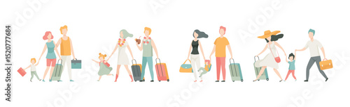 Family with Kids on Vacation with Suitcase and Luggage Vector Set