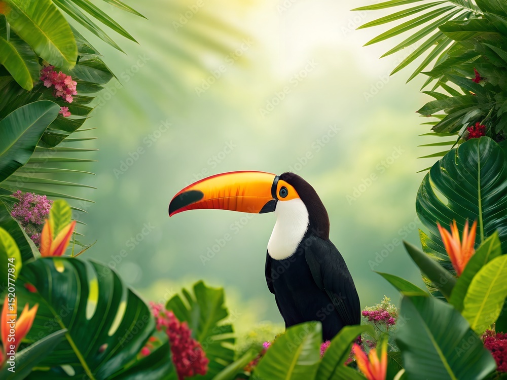 Fototapeta premium a vibrant tropical scene with a large toucan perched prominently in the center of the frame