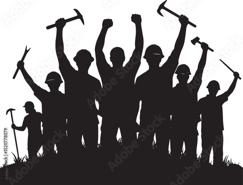 Silhouette illustration of a group of construction workers raising tools in solidarity