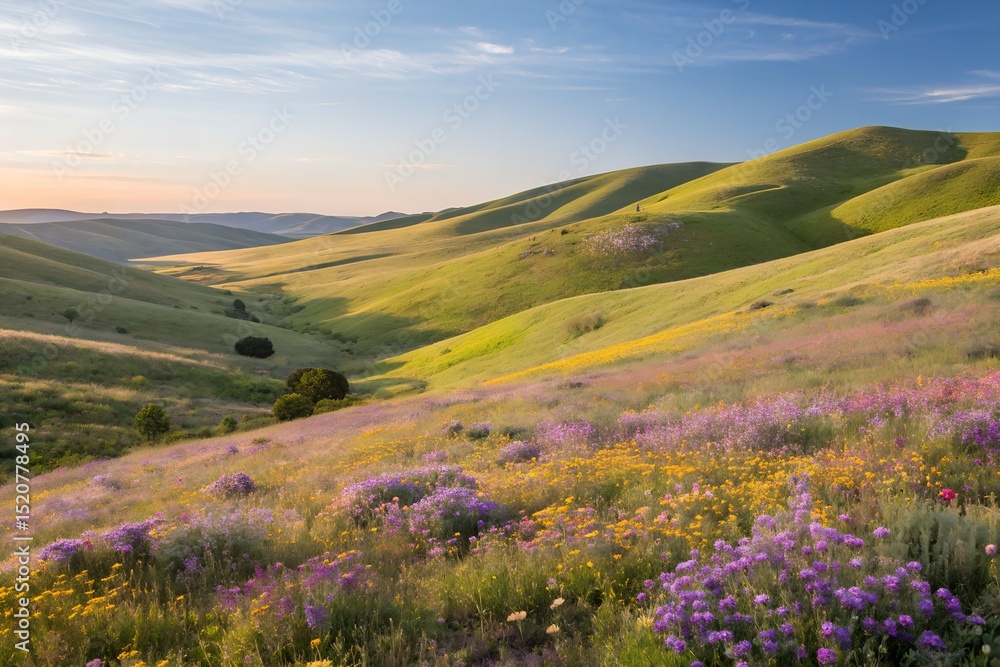 Fototapeta premium Rolling hills wildflower meadow at sunset