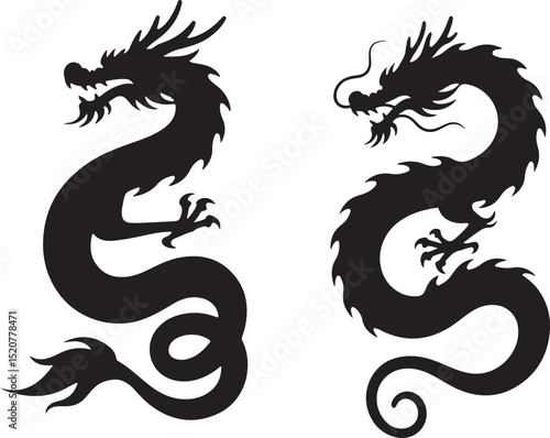 Chinese dragon silhouette vector, Black dragon icon, dragon logo silhouette vector illustration.