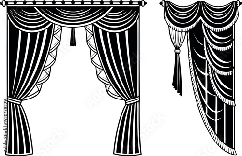 Elegant black and white curtains vector illustration for decorative home interior design