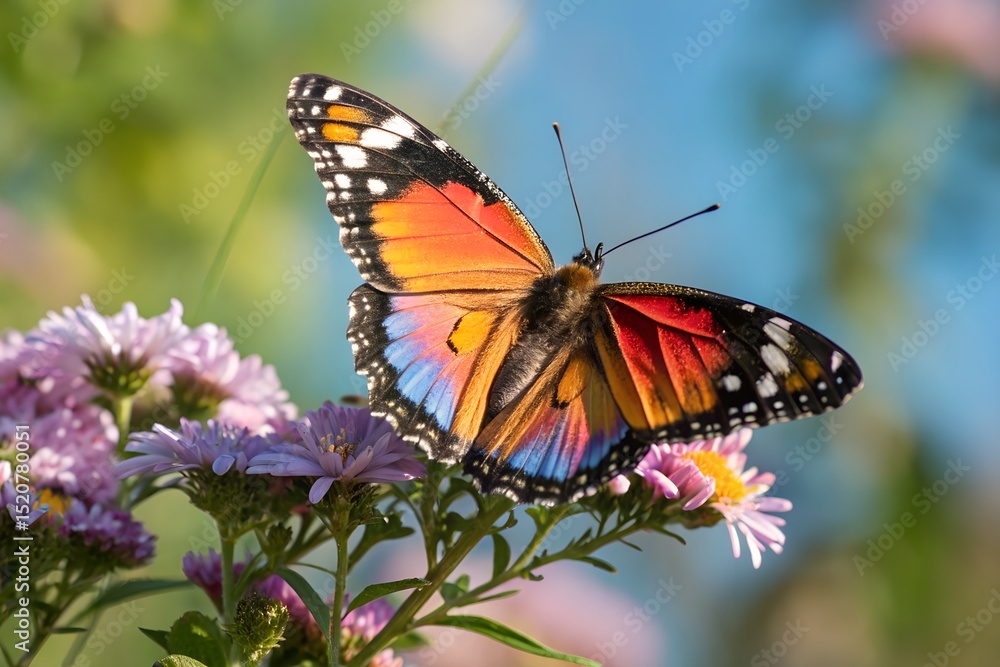 Naklejka premium Vibrant butterfly on pink flowers in sunlight