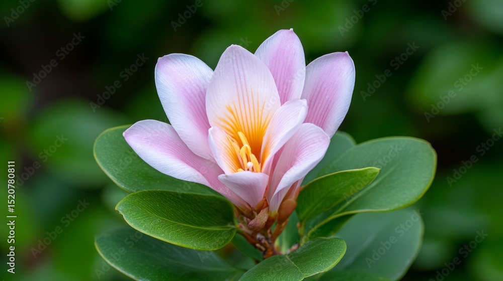 Fototapeta premium Delicate Pink Flower with Yellow Center and Lush Green Leaves