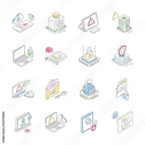 Download premium isometric outline collection showing cybersecurity icons