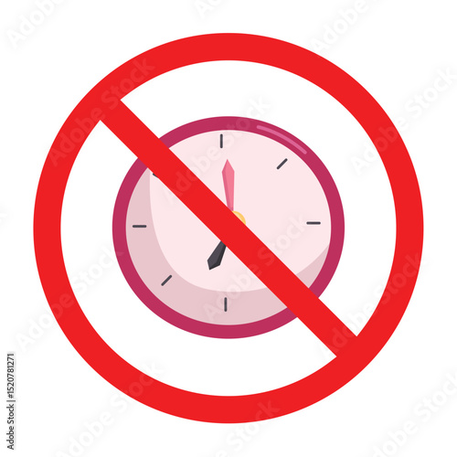 Forbidden sign with wall clock icon, no clock allowed sign, clock prohibition sign, there is no time