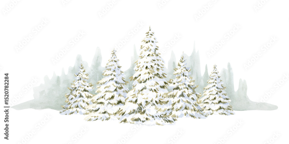Fir forest landscape with Christmas trees in snow hand drawn illustration isolated on white background for Happy New Year cards and horizontal greeting banners. Pastel winter clip art Fir forest landscape with Christmas trees in snow hand drawn illustration isolated on white background for Happy New Year cards and horizontal greeting banners. Pastel winter clip art