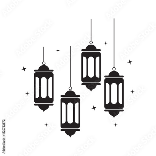 Minimalist black silhouette illustration of four hanging Islamic lanterns with subtle star details. Elegant design for Ramadan Kareem, Eid, or festive decorations. Perfect for cards, web, and print.