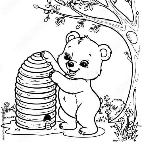 Cute Baby Bear Reaching for Beehive in a Spring Forest Scene