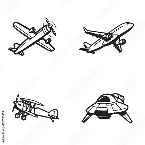 Collection of vector plane illustrations including airplane biplane and futuristic spacecraft silhouettes