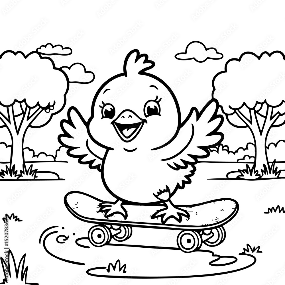 Cute Happy Chick Riding a Skateboard in the Park Cute Happy Chick Riding a Skateboard in the Park