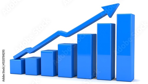 3D bar graph in blue tones with arrow line growth trend, isolated on white, modern economic chart design