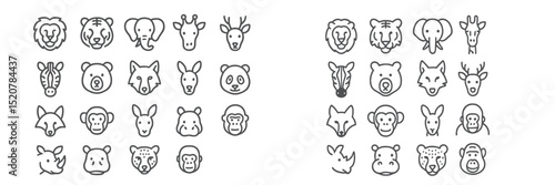 Various animal faces in simplistic line art displayed on a neutral background in a creative and playful arrangement
