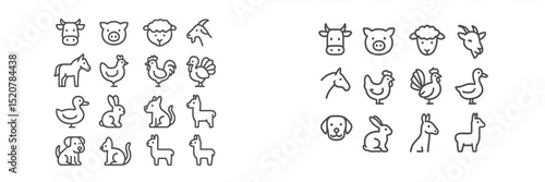 Farm animal icons arranged in a grid, featuring various domestic animals and pets in simple line art style