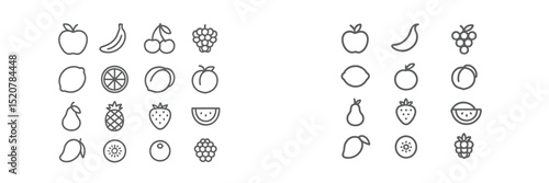 Fruit illustrations arranged in a grid showcasing various types of fruits with a simple black and white design