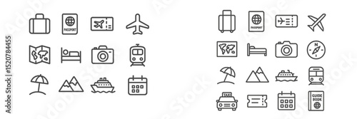 Collection of travel icons including luggage, passports, maps, and transportation symbols representing diverse travel activities