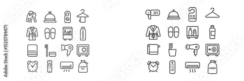 Collection of various hotel amenities and services showcasing guest comfort and convenience with icons representing common hotel features