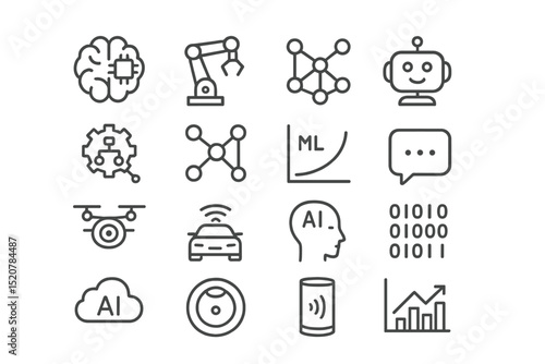 Technology icons illustrating advancements in artificial intelligence, machine learning, robotics, and data analytics today