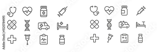 Medical icons collection featuring healthcare symbols, equipment, and emergency services in a simple, minimalist style