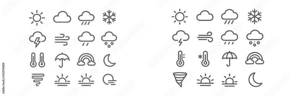 Weather icons collection depicting various atmospheric conditions including sun, rain, snow, clouds, and storms Weather icons collection depicting various atmospheric conditions including sun, rain, snow, clouds, and storms