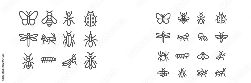 Collection of various insect illustrations featuring butterflies, bees, and beetles in a simplified design style Collection of various insect illustrations featuring butterflies, bees, and beetles in a simplified design style