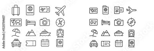 Travel planning essentials featuring luggage, transportation, and destinations in simple icons